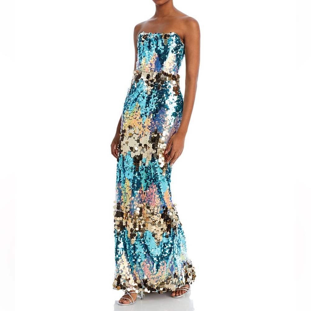 Bronx and Banco Blue and Gold Sequin Gown Dress